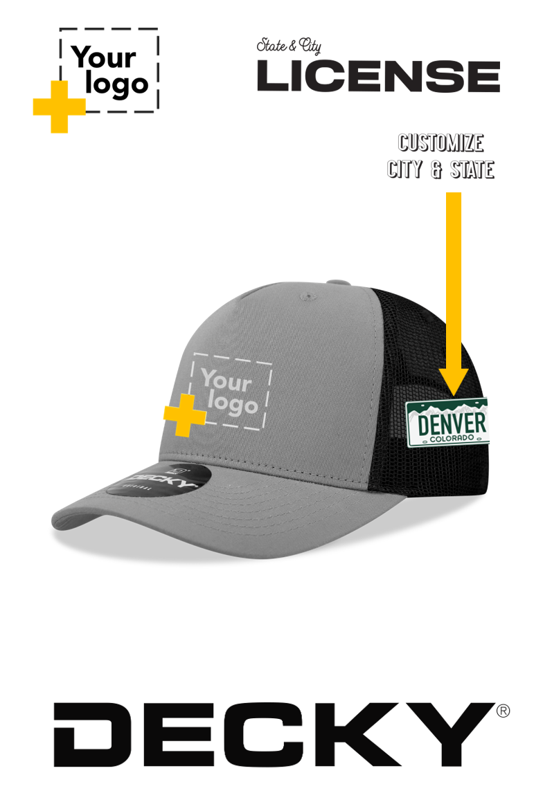 Custom Decky 5 Panel Mid Profile Structured Cotton Blend Trucker - License Plate