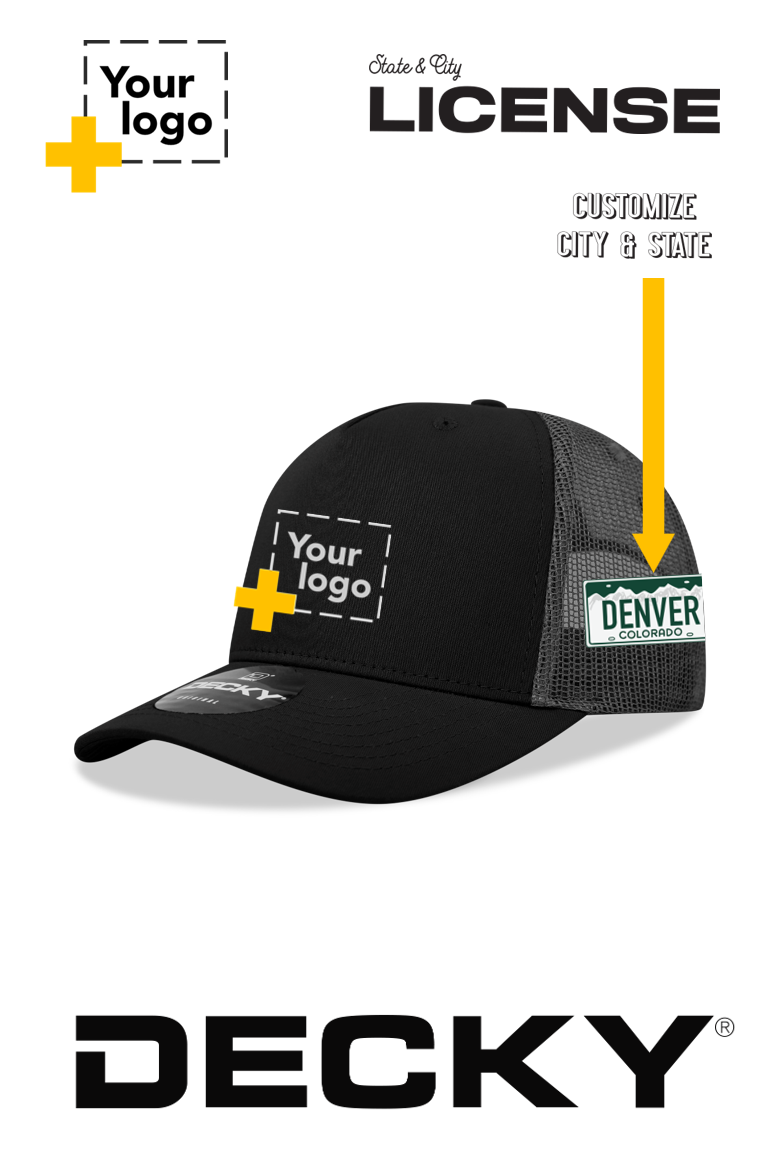 Custom Decky 5 Panel Mid Profile Structured Cotton Blend Trucker - License Plate