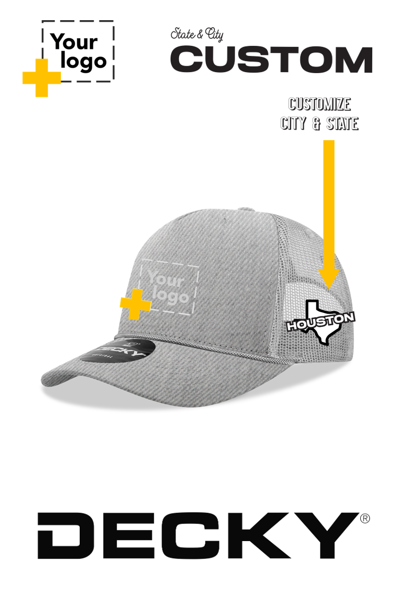 Custom Decky 5 Panel Mid Profile Structured Cotton/Poly Blend Trucker w/Rope - State & City