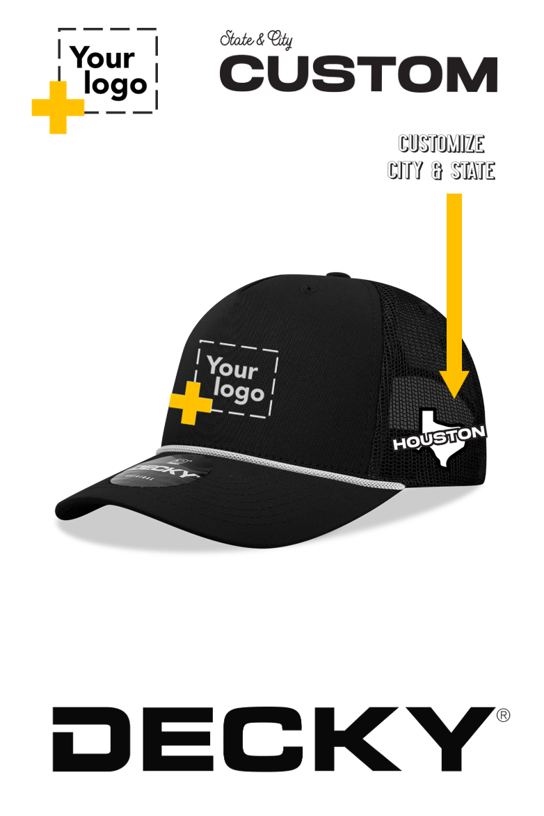 Custom Decky 5 Panel Mid Profile Structured Cotton/Poly Blend Trucker w/Rope - State & City