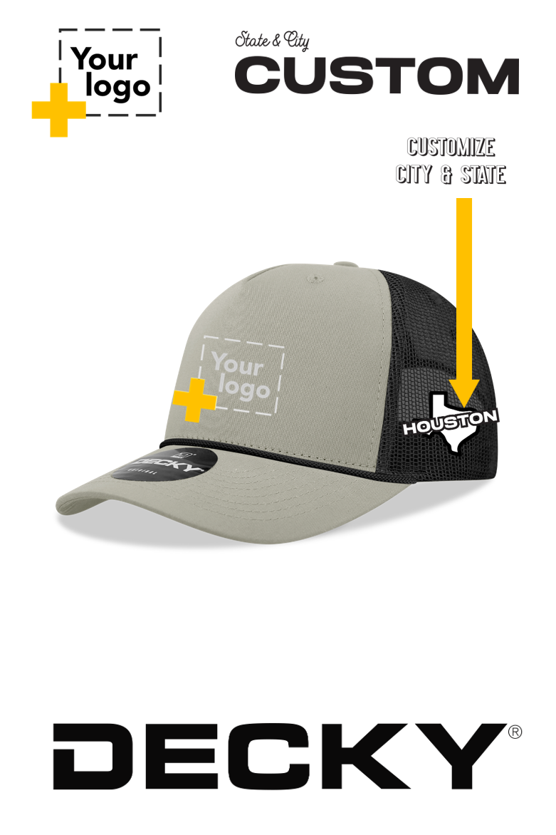 Custom Decky 5 Panel Mid Profile Structured Cotton/Poly Blend Trucker w/Rope - State & City