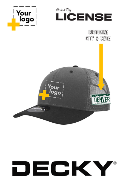 Custom Decky 6 Panel Mid Profile Structured Cotton Blend Trucker - License Plate