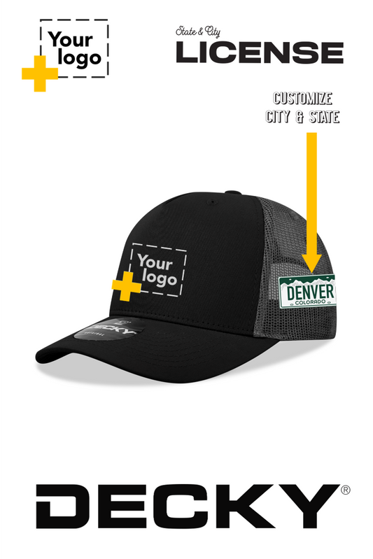 Custom Decky 5 Panel Mid Profile Structured Cotton Blend Trucker - License Plate