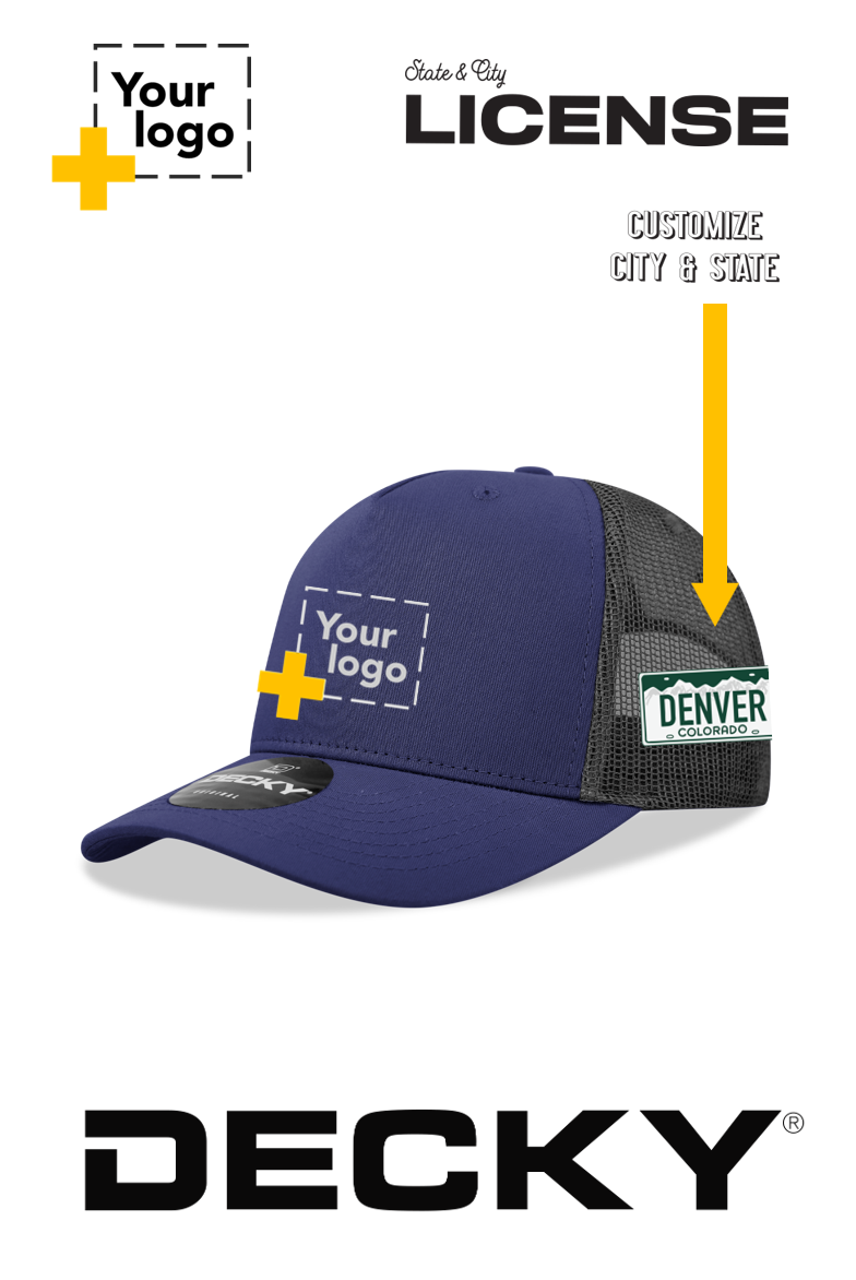 Custom Decky 5 Panel Mid Profile Structured Cotton Blend Trucker - License Plate