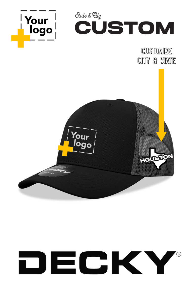 Custom Decky 5 Panel Mid Profile Structured Cotton Blend Trucker - State & City