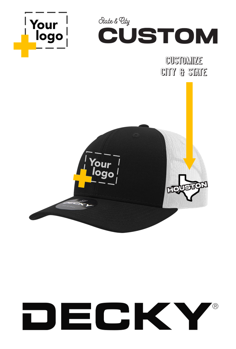 Custom Decky 6 Panel Mid Profile Structured Cotton Blend Trucker - State & City
