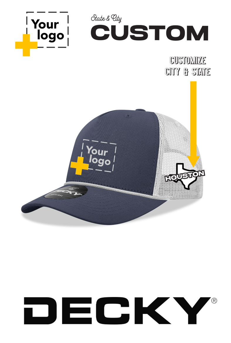 Custom Decky 5 Panel Mid Profile Structured Cotton/Poly Blend Trucker w/Rope - State & City