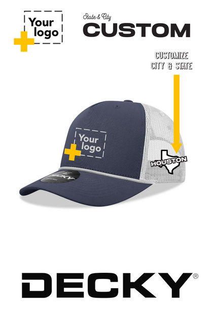 Custom Decky 5 Panel Mid Profile Structured Cotton/Poly Blend Trucker w/Rope - State & City